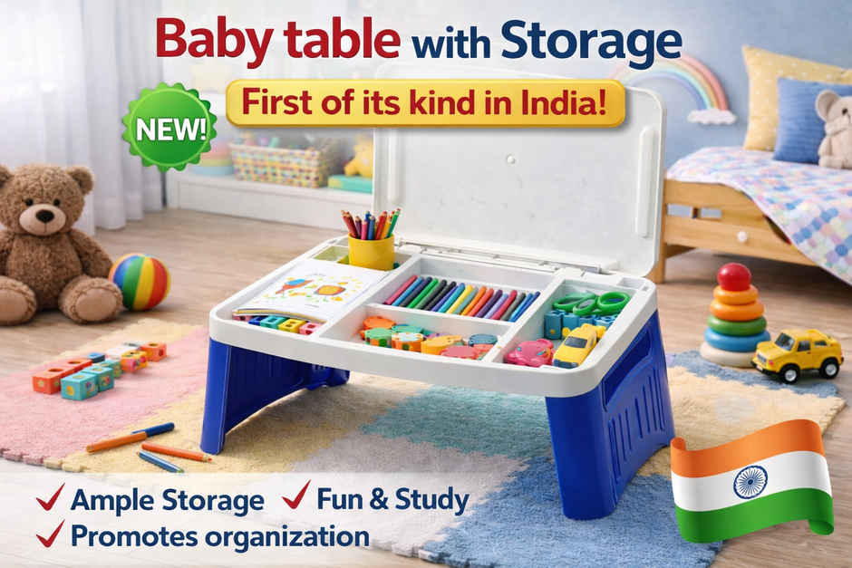 Arlavya Premium Kids Study Table With Storage | Activity Table With Foldable Legs | White & Blue