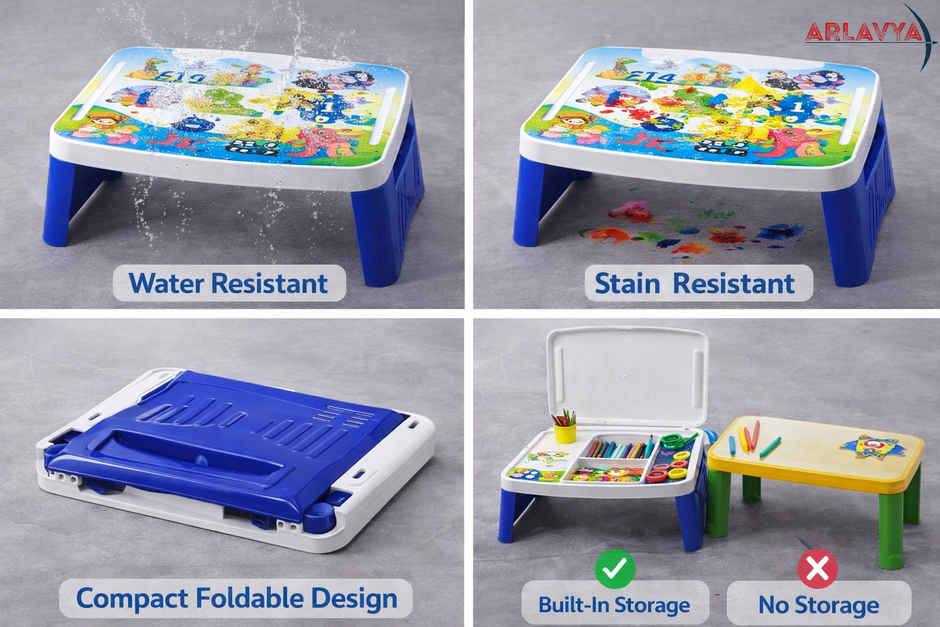 Arlavya Premium Kids Study Table With Storage | Activity Table With Foldable Legs | White & Blue