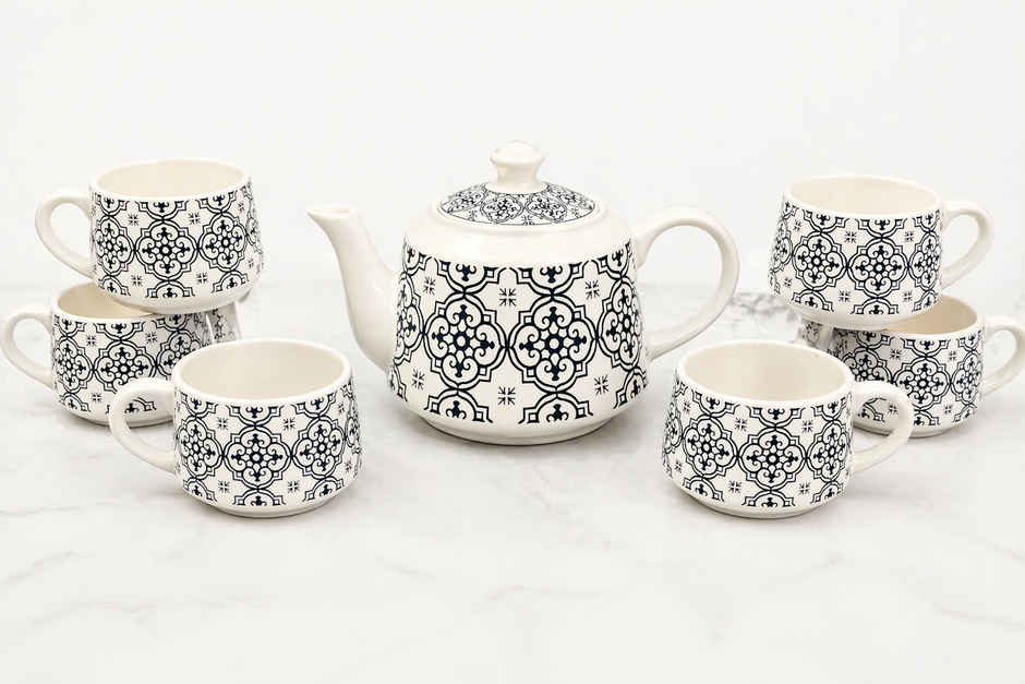 Saffron Classic Mosaic Printed Ceramic Tea Kettle Milk Pot & Cup Set
