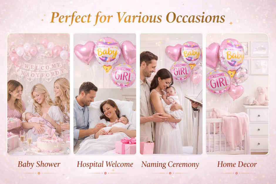Welcome Baby Girl Foil Balloon Decoration Set 5Pcs for Baby Shower | BeyondLuv