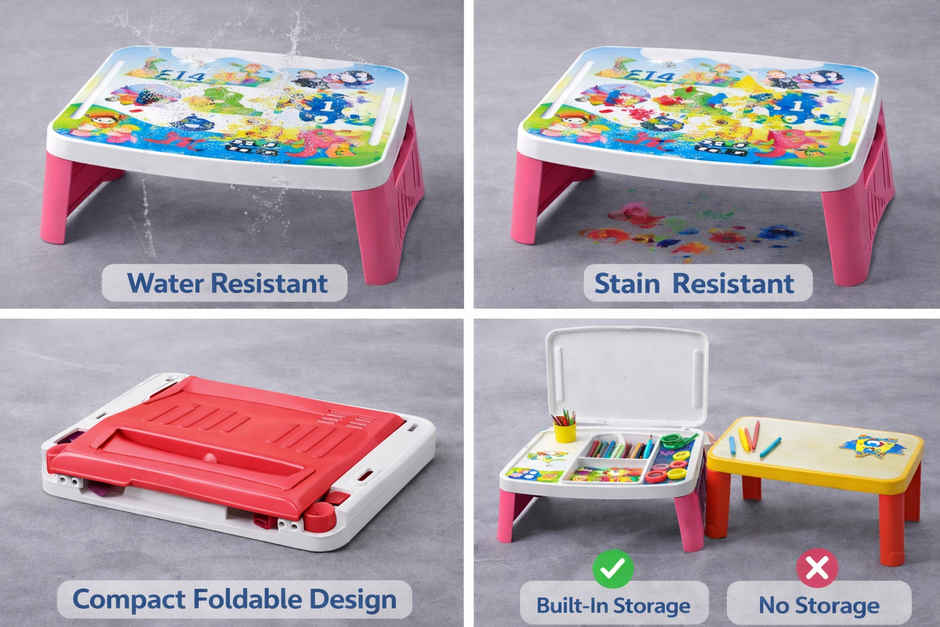 Arlavya Premium Kids Study Table With Storage | Activity Table With Foldable Legs | White & Pink
