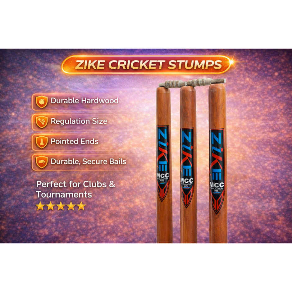 Zike Wooden Cricket Stumps with Bails (3 Piece Wooden wickets, 2 Piece bails)