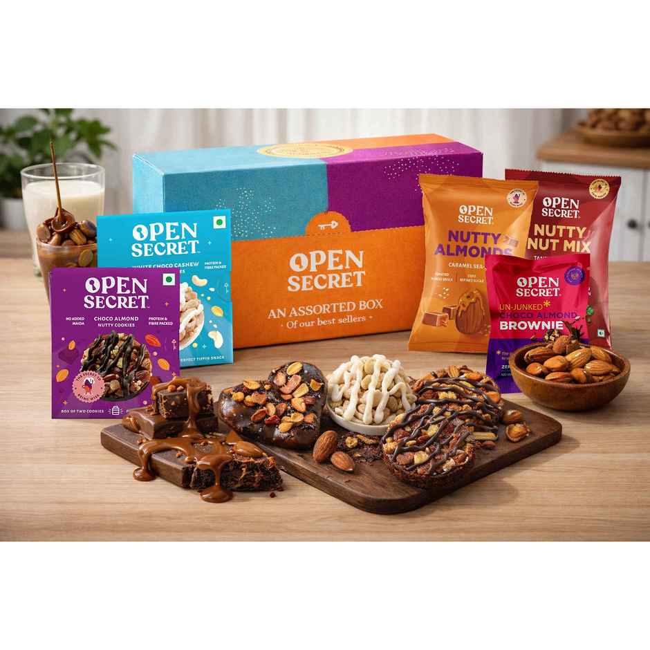 Open Secret Rakhi Chocolate and Dry Fruits Hamper for sister- Rakshabandhan Gift box, 4 cookies, 1 brownie, 2 flavoured nuts