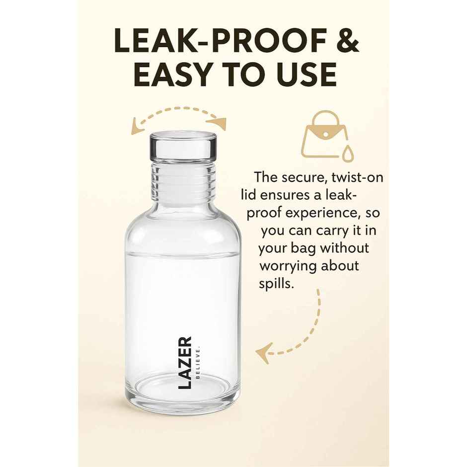 Lazer Pure Borosilicate Glass Water Bottle | BPA-Free, Eco-Friendly | Durable & Leak-Proof - 300 ml