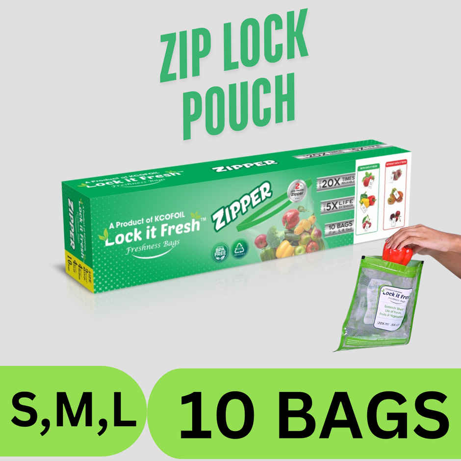 Kcofoil Lock IT Zip lock Reusable Food Bag | Pack 10 | 4 L - 4 M - 2 S