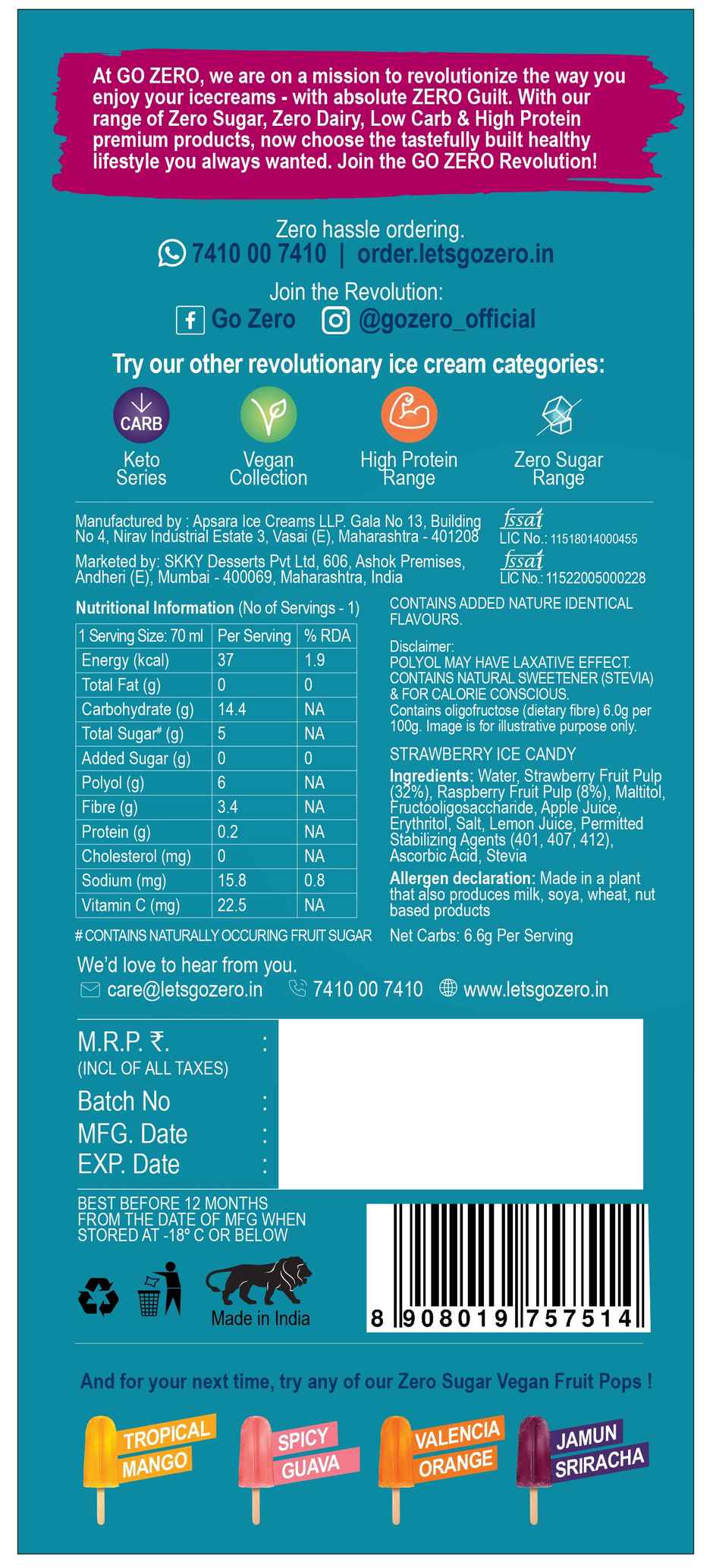 Go Zero - Zero Sugar - Alpine Strawberry Fruit Pops