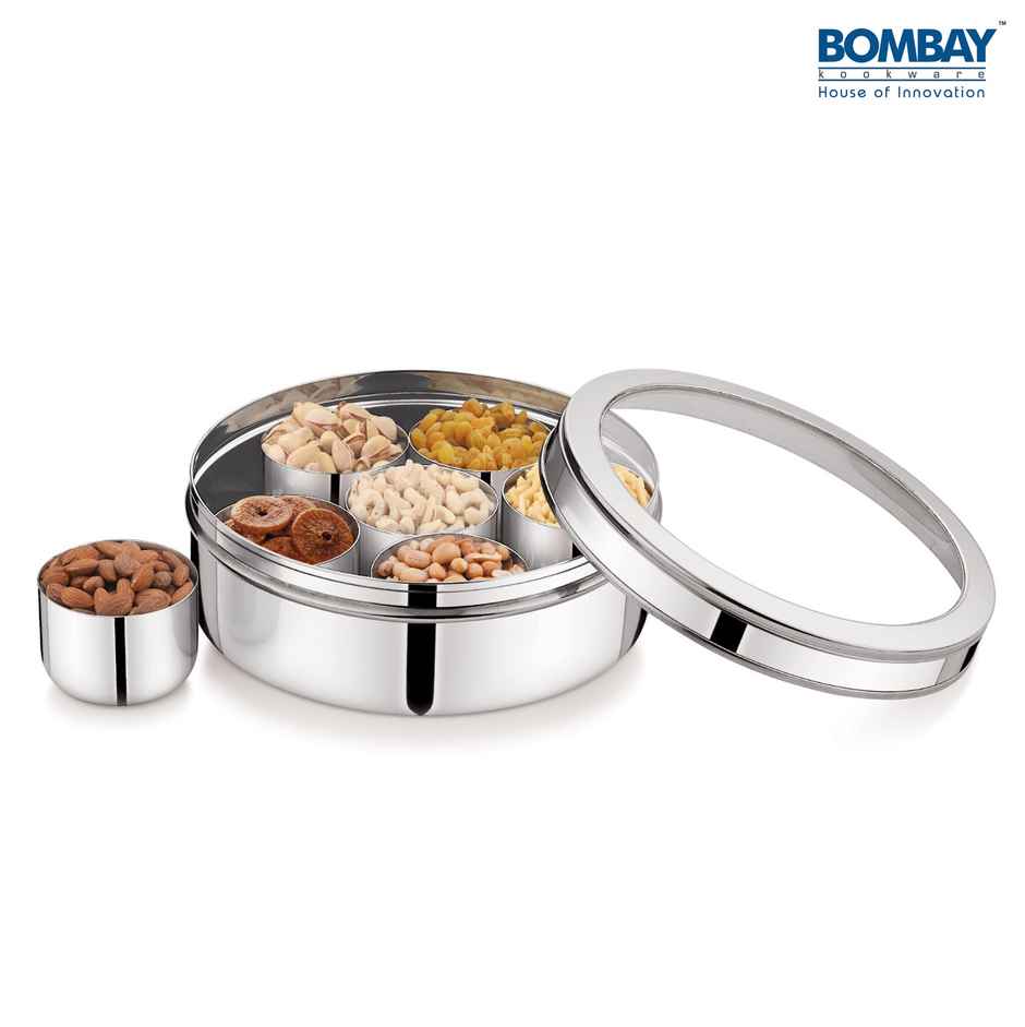 Bombay Kookware Stainless Steel Spices Box With See Through Lid (7 Vati And 1 Spoon)