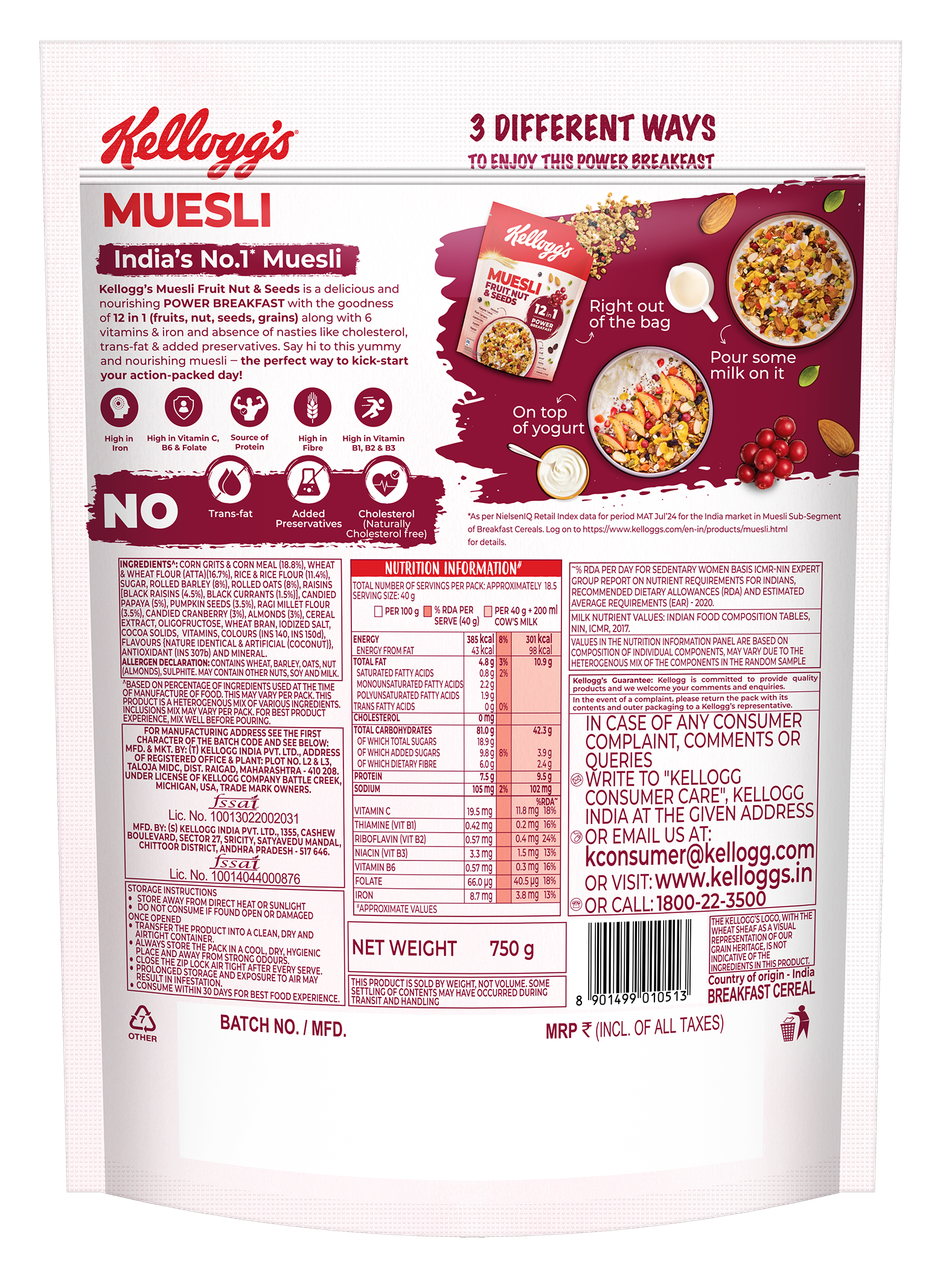 Kellogg's Muesli Fruit Nut and Seeds | 12 In 1 Power Breakfast | No Maida No Palm Oil