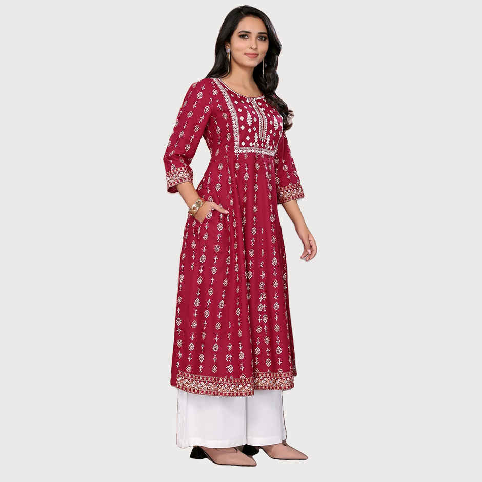 Rangita Women s Maroon Rayon Embroidered Calf Length Anarkali Kurta | M