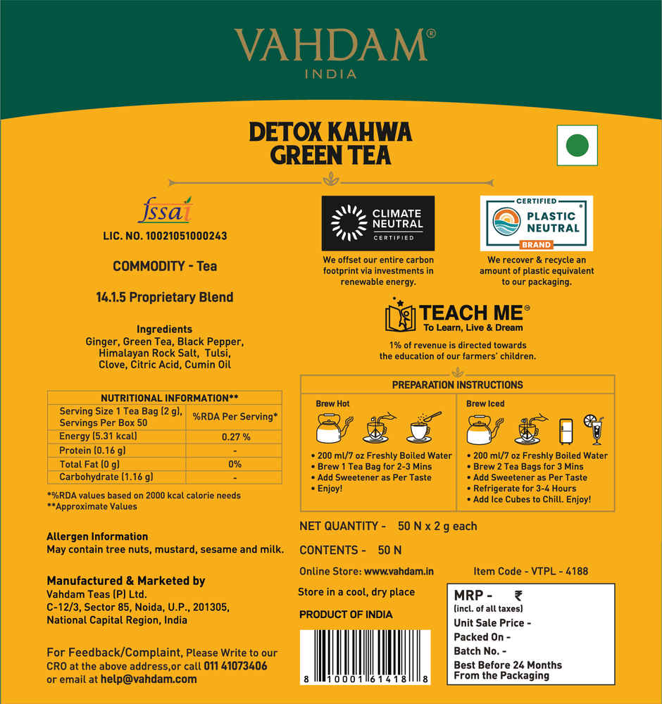 Vahdam Detox Kahwa Green Tea | 50 Pyramid Bags | Organic | Tulsi, Ginger, Clove & Black Pepper