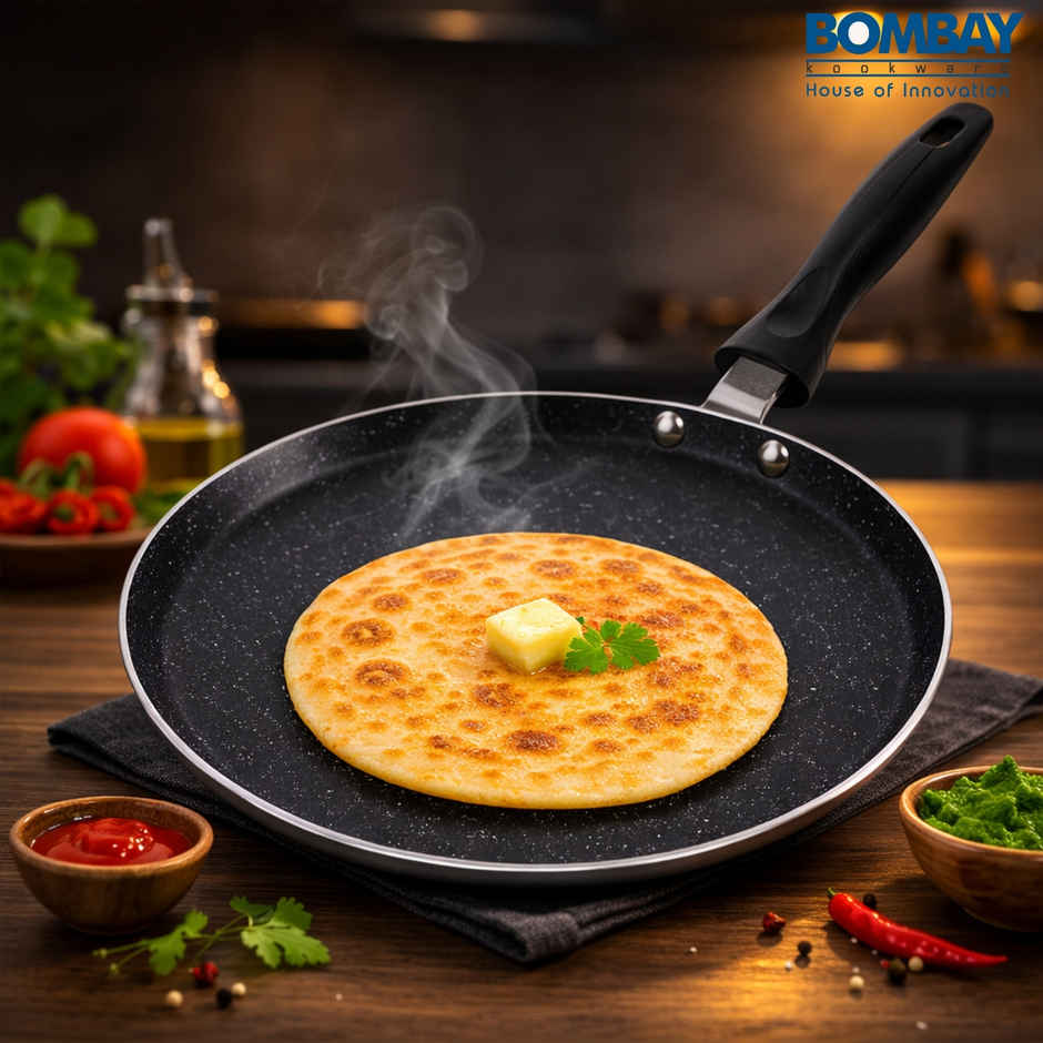 Bombay Kookware Aluminium Non-Stick Dosa Tawa - 24 cm Diameter | Maroon Marble Finish