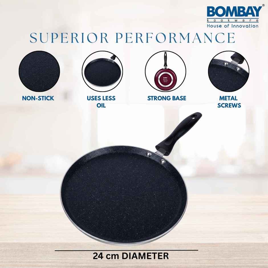 Bombay Kookware Aluminium Non-Stick Dosa Tawa - 24 cm Diameter | Maroon Marble Finish