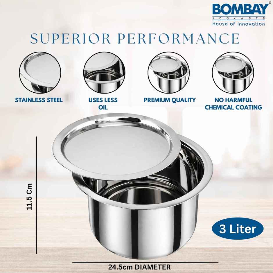 Bombay Kookware Stainless Steel Patela 3 Ltr With Steel Lid