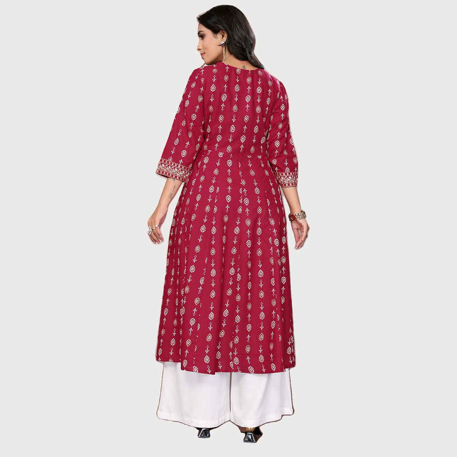 Rangita Women s Maroon Rayon Embroidered Calf Length Anarkali Kurta | M