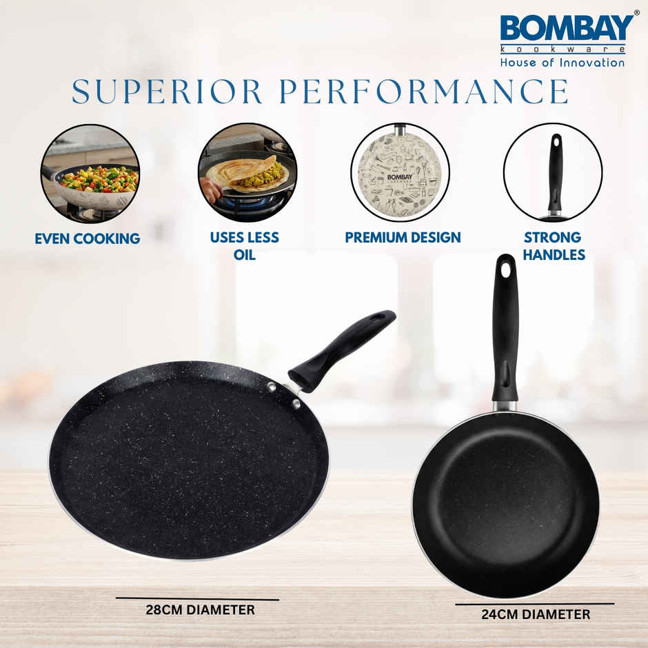 Bombay Kookware Kala Kruti 2Pcs Set- Fry Pan (24 Cm) And Dosa Tawa (27.5 Cm)