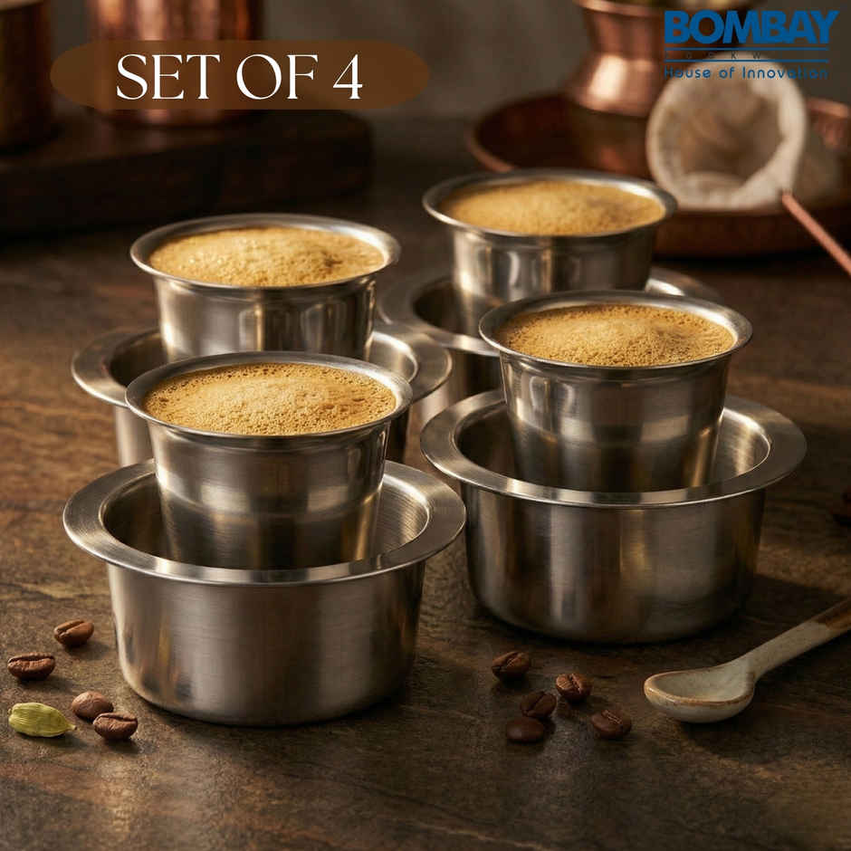 Bombay Kookware Stainless Steel Coffee Cup Dabara & Tumbler For Filter Coffee/Tea (Set Of 4)