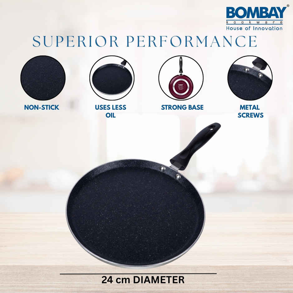 Bombay Kookware Aluminium Non-Stick Dosa Tawa - 24 cm Diameter | Maroon Marble Finish