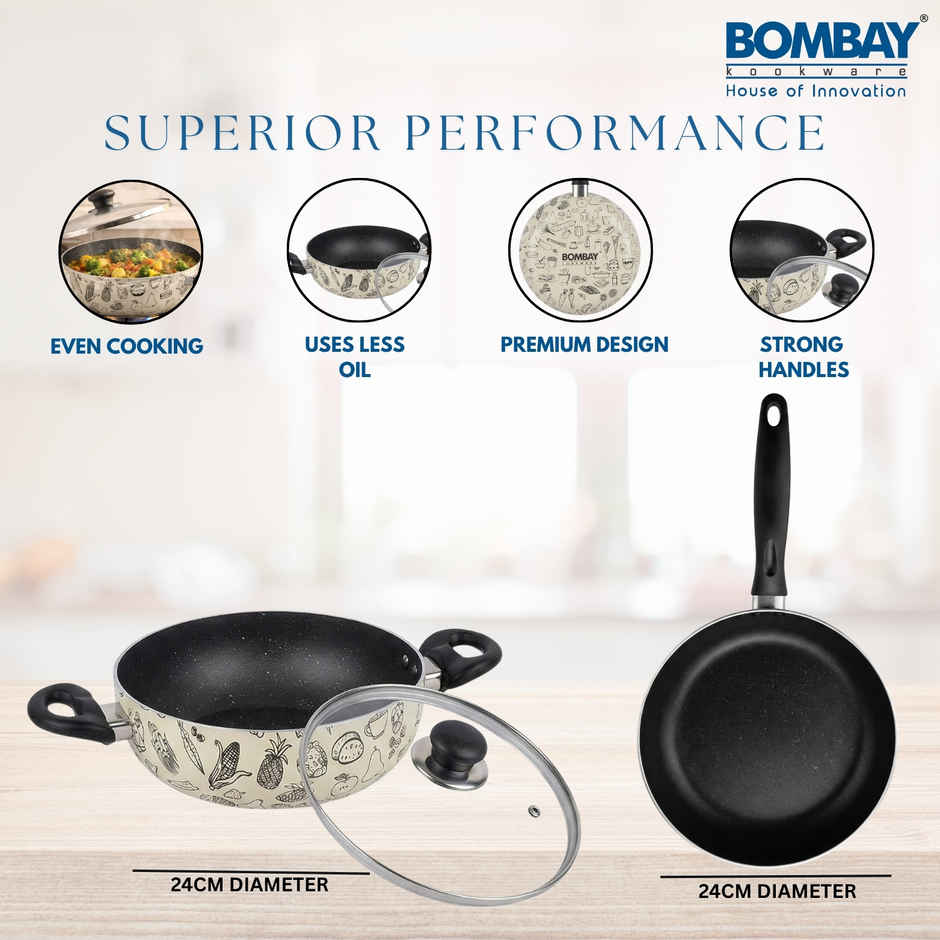 Bombay Kookware Kala Kruti Fry Pan (24 cm) and Kadai (24 cm)