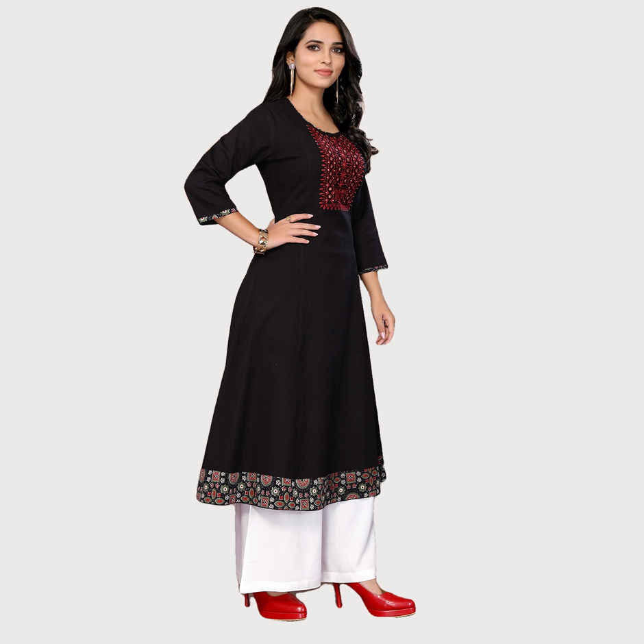 Rangita Women s Black Cotton Embroidered Calf Length Flared Kurta | L