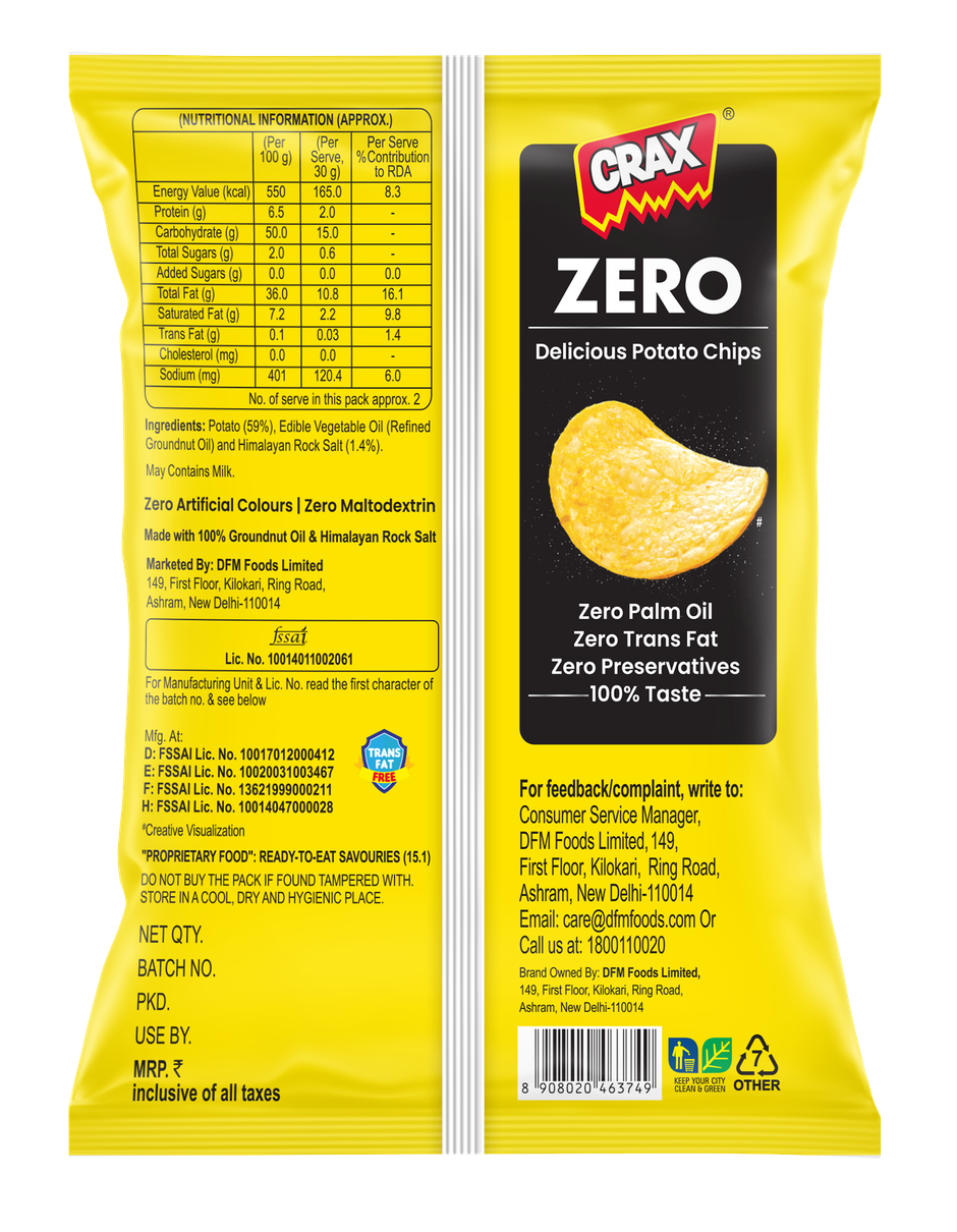 Crax Zero Classic Salted Potato Chips Snacks - No Palm Oil With Himalayan Rock Salt