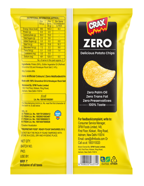 Crax Zero Classic Salted Potato Chips Snacks - No Palm Oil, Himalayan Rock Salt