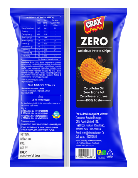 Crax Zero Masala Punch Potato Chips Snacks - No Palm Oil