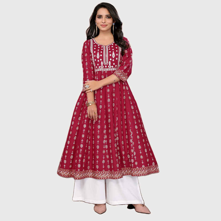 Rangita Women s Maroon Rayon Embroidered Calf Length Anarkali Kurta | M