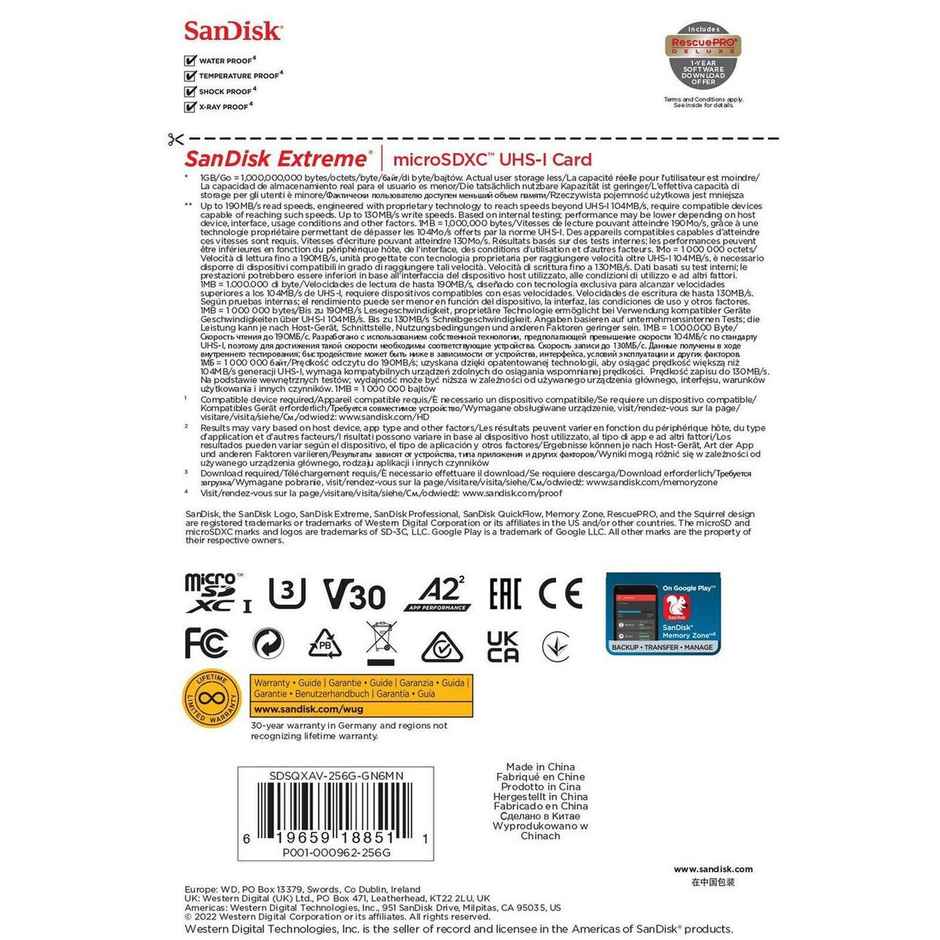 Sandisk Extreme Microsd Uhs I Card 256 GB For 4K Video,190Mb/S Read, 130Mb/S Write