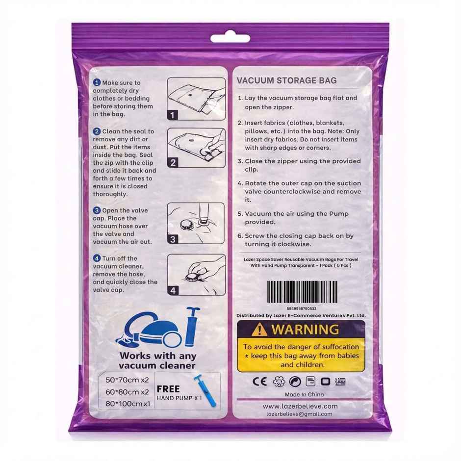 Lazer Space Saver Reusable Vacuum Bags for Travel with Hand Pump | Transparent