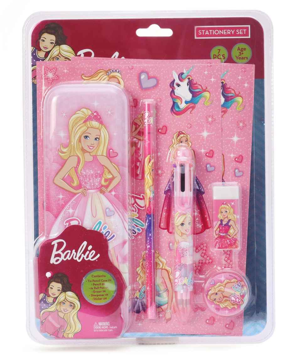 Barbie Stationery Set (7Pcs) With Barbie Theme 1 Tin Pencil Case, 1 Pencil Gift For Kids