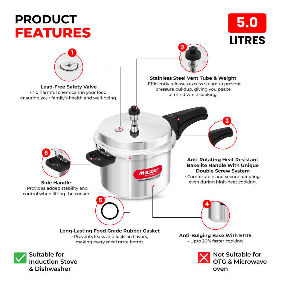 Master Aluminium Outer Lid Pressure Cooker 5 L, Gas and Induction Stove Compatible