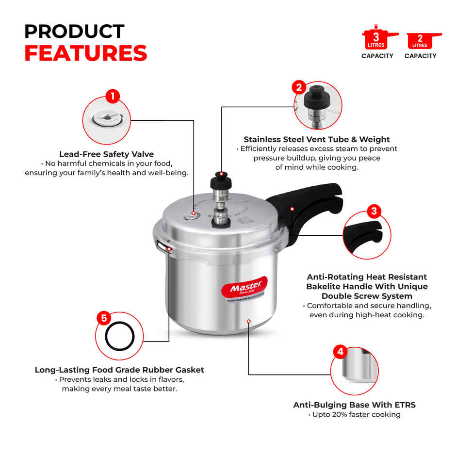 Master Aluminium Outer Lid Pressure Cooker Combo 3 L+2 L Pan, Gas and Induction Stove Compatible