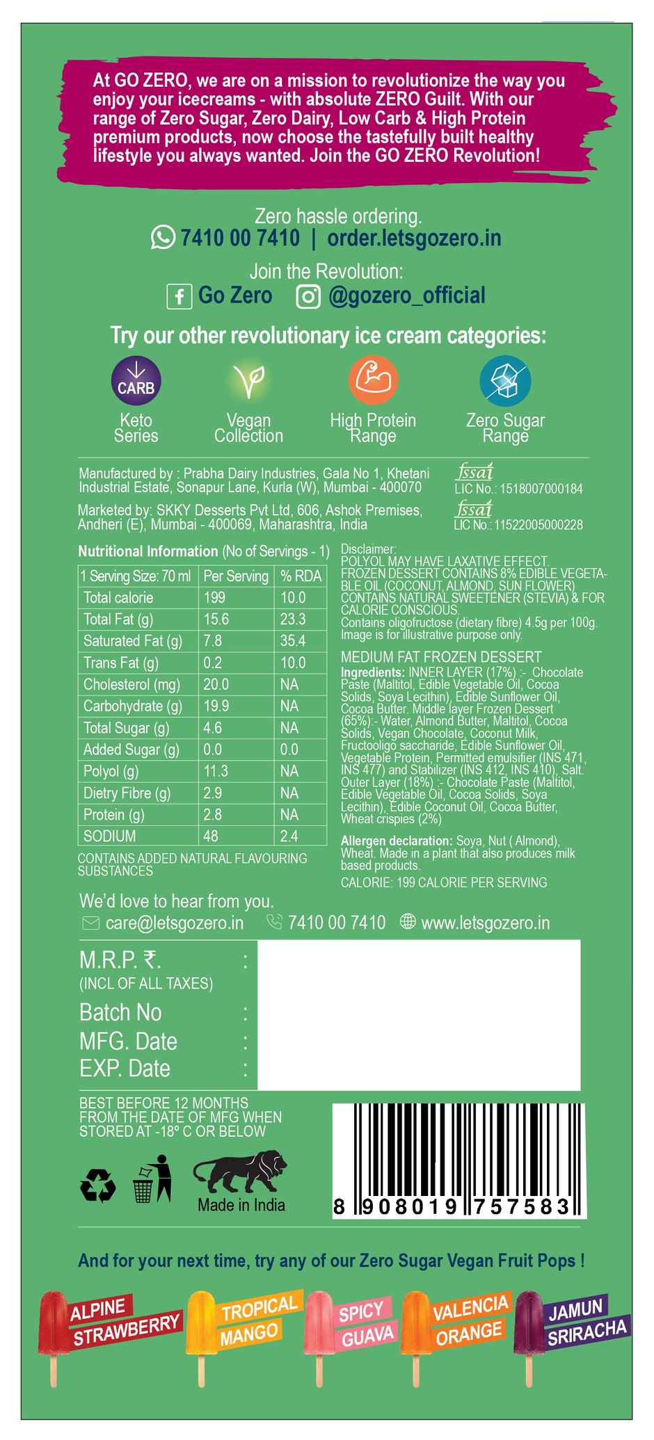 Go Zero - Zero Sugar - Vegan - O.M.G Chocolate Ice Cream Bar