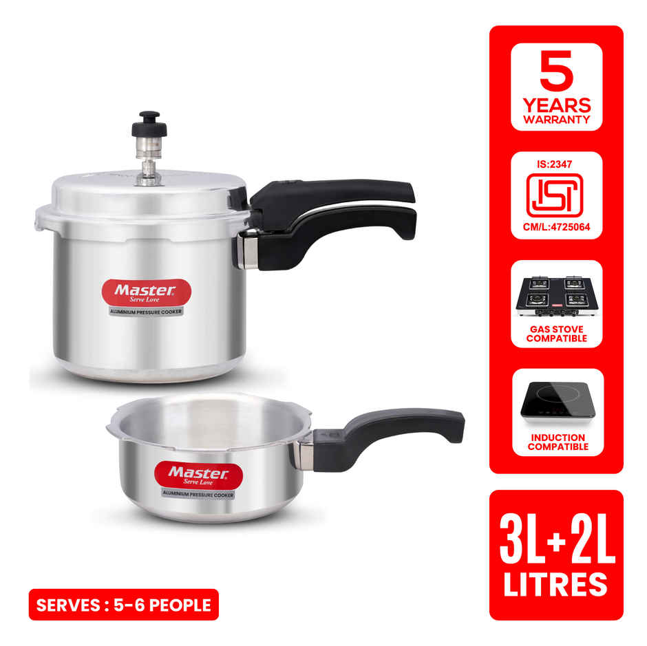 Master Aluminium Outer Lid Pressure Cooker Combo 3 L+2 L Pan, Gas and Induction Stove Compatible