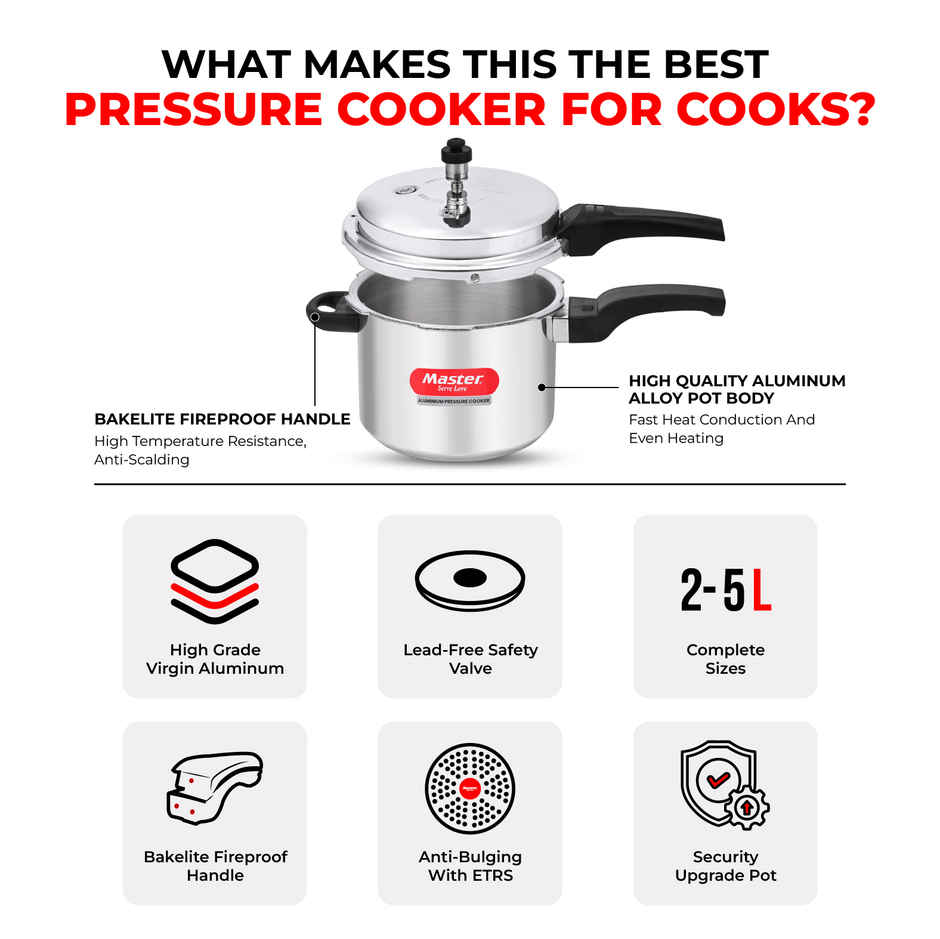 Master Aluminium Outer Lid Pressure Cooker 5 L, Gas and Induction Stove Compatible