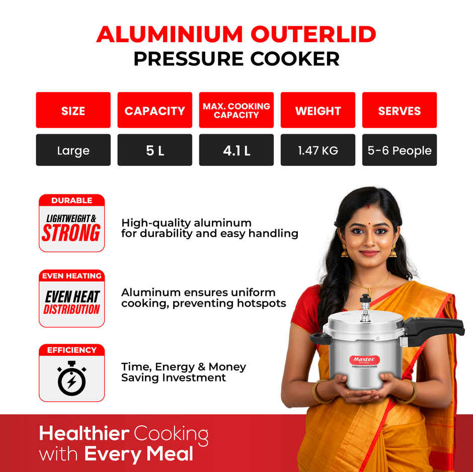 Master Aluminium Outer Lid Pressure Cooker 5 L, Gas and Induction Stove Compatible