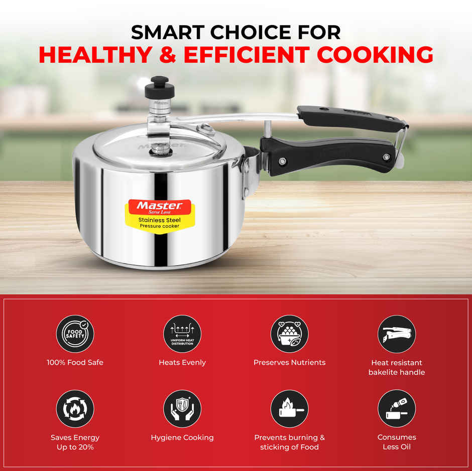 Master Stainless Steel Inner Lid Pressure Cooker 2 L, Gas and Induction Stove Compatible