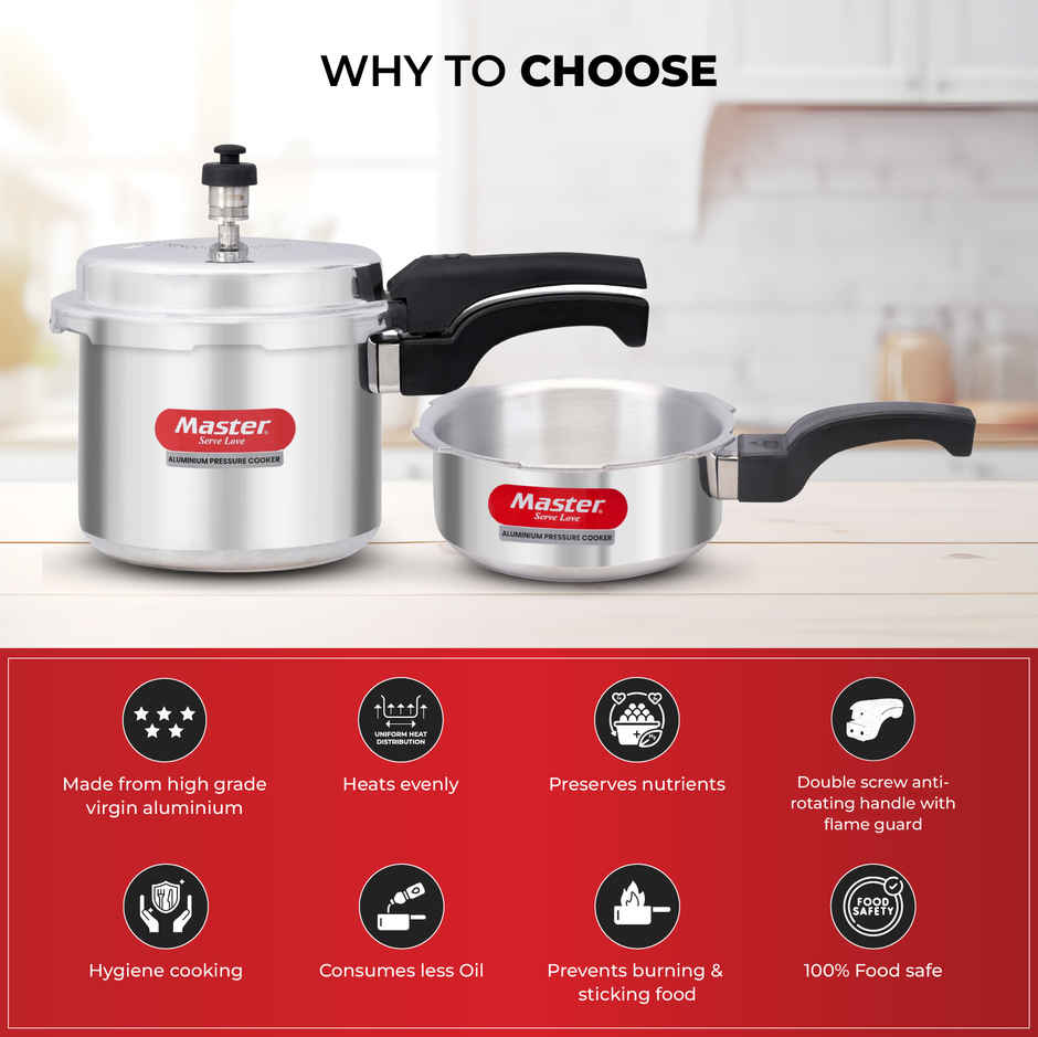 Master Aluminium Outer Lid Pressure Cooker Combo 3 L+2 L Pan, Gas and Induction Stove Compatible