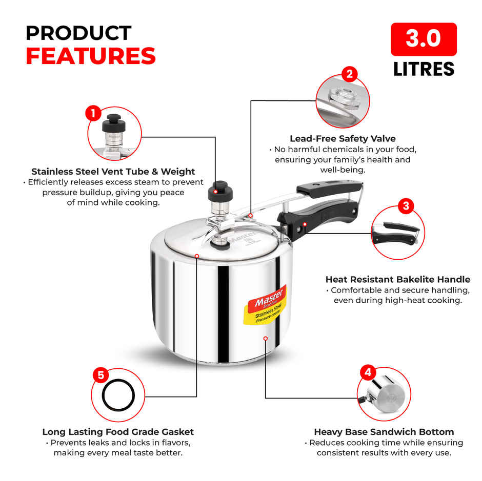 Master Stainless Steel Inner Lid Pressure Cooker 3 L, Gas and Induction Stove Compatible