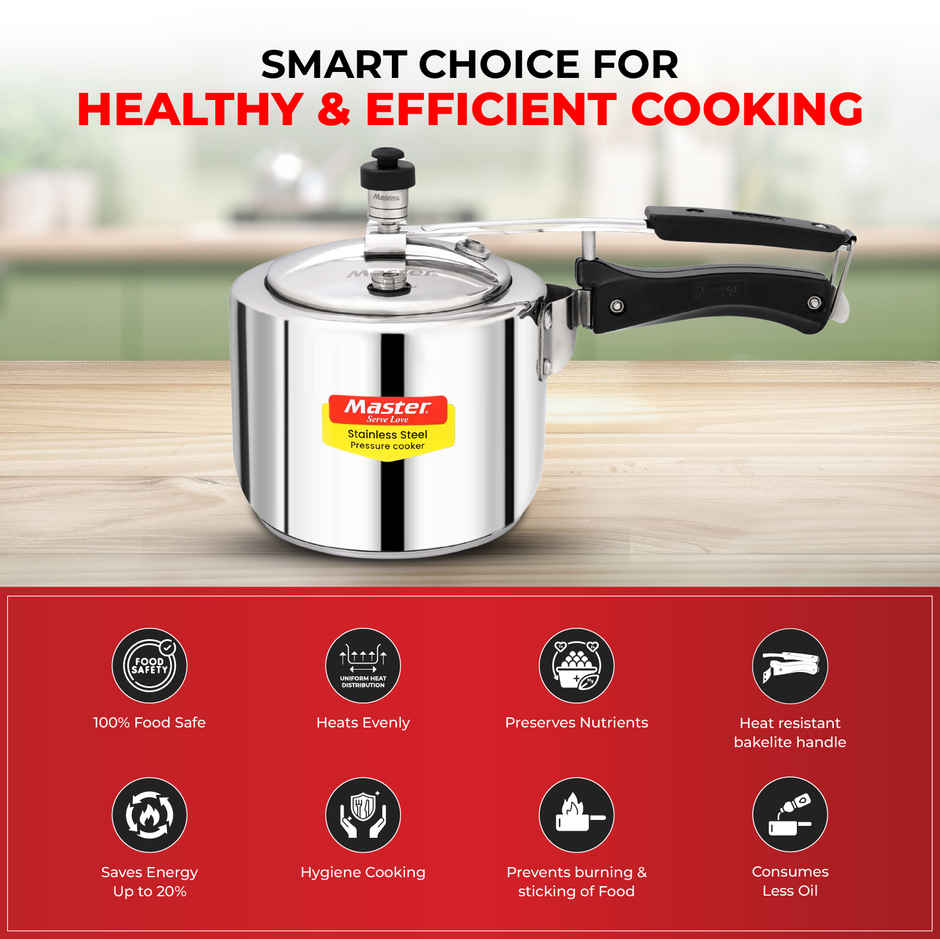 Master Stainless Steel Inner Lid Pressure Cooker 3 L, Gas and Induction Stove Compatible