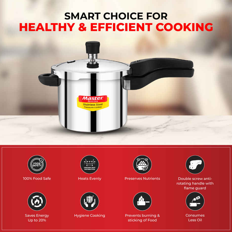 Master Stainless Steel Flat Outer Lid Pressure Cooker 3 L, Gas and Induction Stove Compatible