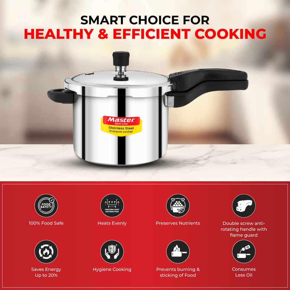Master Stainless Steel Flat Outer Lid Pressure Cooker 5 L, Gas and Induction Stove Compatible