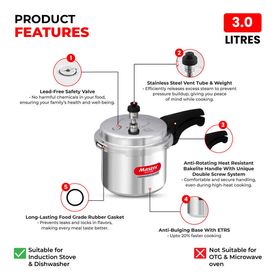 Master Aluminium Outer Lid Pressure Cooker 3 L, Gas and Induction Stove Compatible