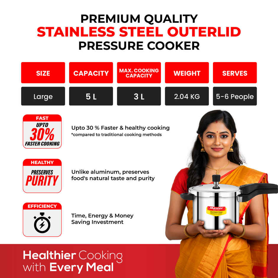 Master Stainless Steel Flat Outer Lid Pressure Cooker 5 L, Gas and Induction Stove Compatible