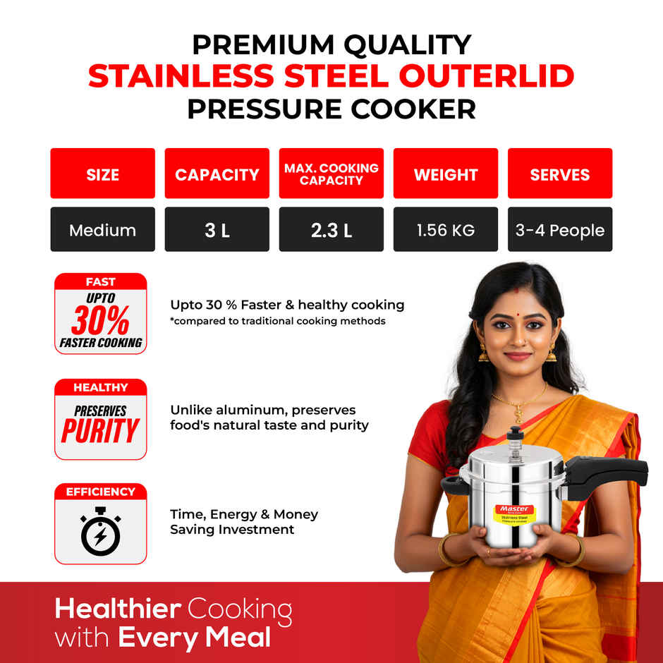 Master Stainless Steel Outer Lid Pressure Cooker 3 L, Gas and Induction Stove Compatible