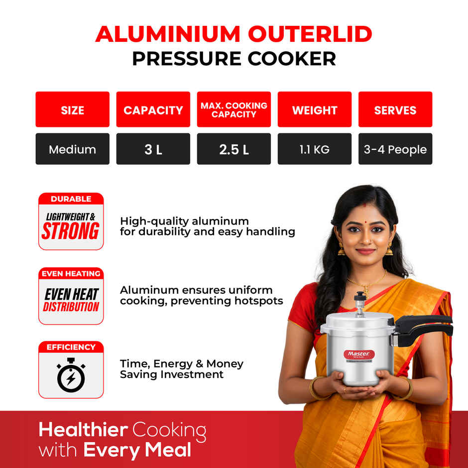 Master Aluminium Outer Lid Pressure Cooker 3 L, Gas and Induction Stove Compatible