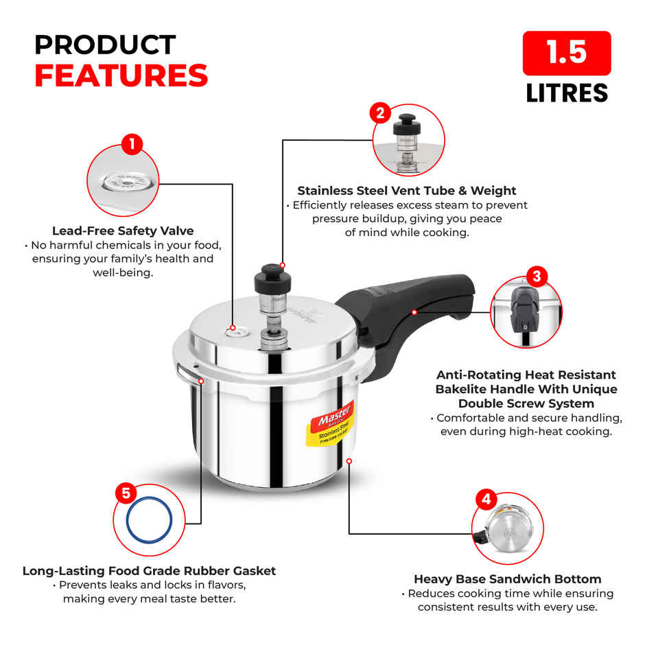 Master Stainless Steel Outer Lid Pressure Cooker 1.5 L, Gas and Induction Stove Compatible