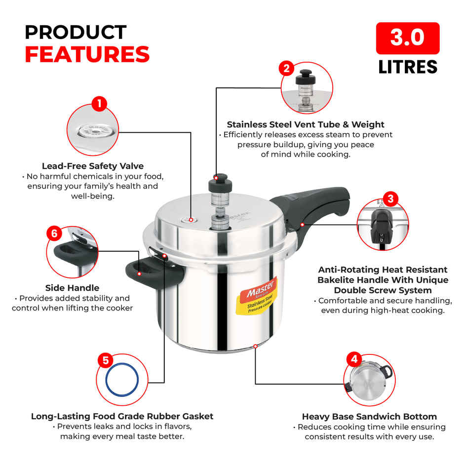 Master Stainless Steel Outer Lid Pressure Cooker 3 L, Gas and Induction Stove Compatible
