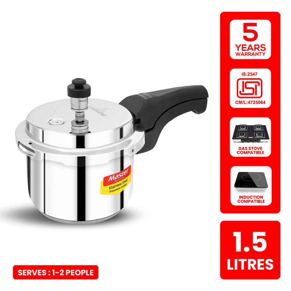Master Stainless Steel Outer Lid Pressure Cooker 1.5 L, Gas and Induction Stove Compatible