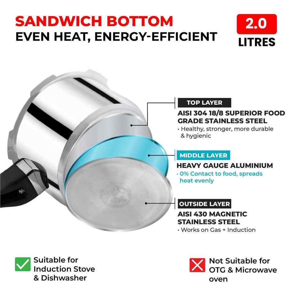 Master Amora Stainless Steel Outer Lid Pressure Cooker 2L, Gas And Induction Stove Compatible